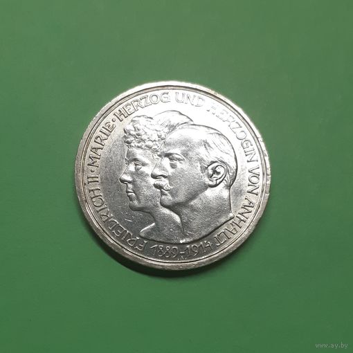Германия. 3 марки. 1914 год. Анхальт. Фридрих II и Мария. Отличная, редкая! Штемпельный блеск. Серебро. Распродажа! С 1 РУБЛЯ!
