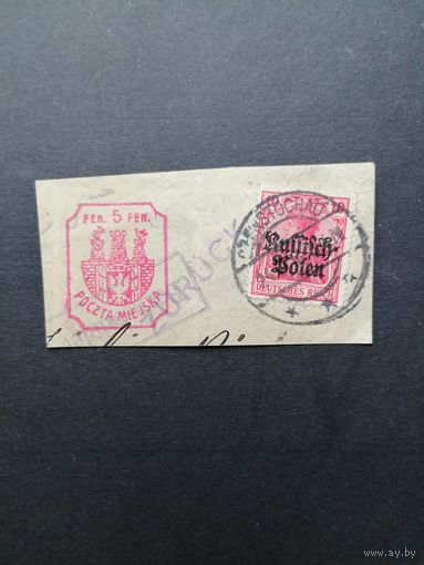 Польша 1915 Вырезка с маркой серии "DEUTSCHEN REICHES" периода немецкой оккупации Польши с надпечаткой "Deutschen post in Polen" (гашение) Mi.3 каталог 0.60 евро