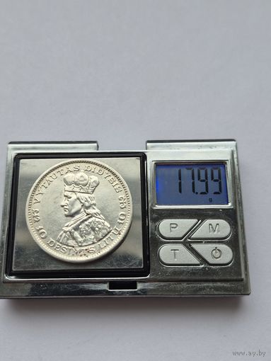 10 лит 1936 года. Литва. Серебро 750. Монета не чищена. L45561.