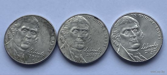 5 центов 2011 г., 2017 г., 2022 г., США. Цена за 1 монету.