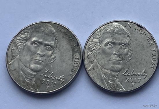 5 центов 2011 г., 2017 г., США. Цена за 1 монету.