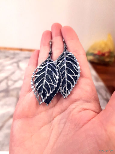 Лот С 1 РУБЛЯ! много лотов! Ретро серьги листики с глиттером (блестки) сталь