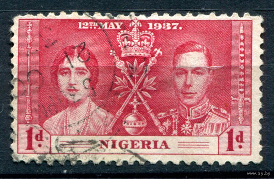 Британские колонии - Нигерия - 1937г. - коронация короля Георга VI и королевы Елизаветы, 1 d - 1 марка - гашёная [Mi 43]. #2-Bc-48-A-1