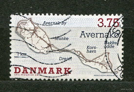 Датский остров Авернако. Географическая карта. Дания. 1995
