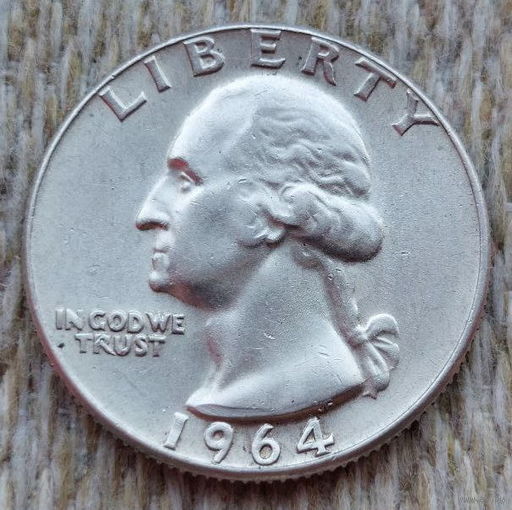 США 25 центов 1964 года, D. AU.  Квотер. Джон Дэвид Вашингтон. Серебро! Сторгуй за свою цену, предложи обмен!