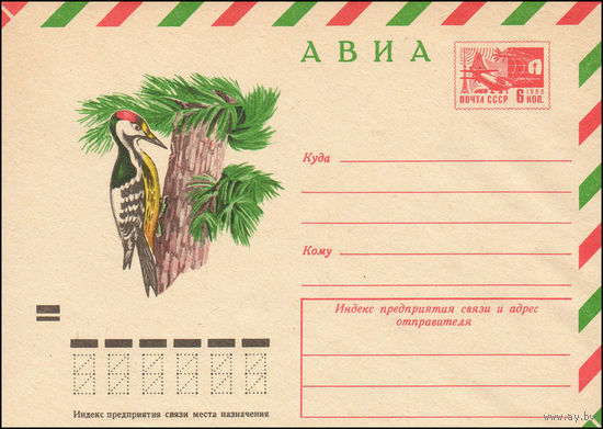 Художественный маркированный конверт СССР N 9355 (18.12.1973) АВИА  [Дятел белоспинный]