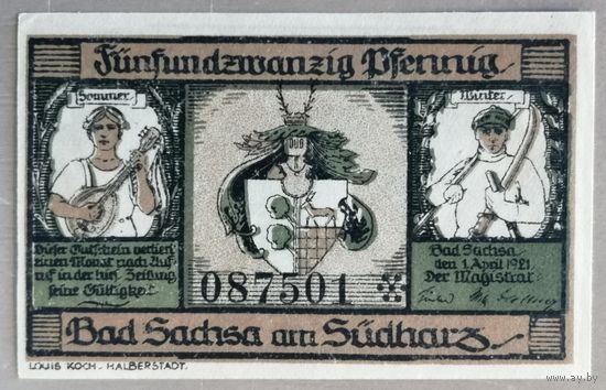 Германия, нотгельды, 25 пфеннигов 1921 год, Зюдхардц (Bad Sachsa am Sudharz), герб маленьких туристов