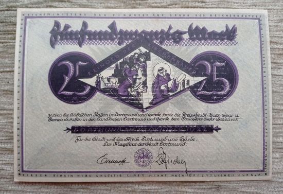 Werty71 Германия 25 марок 1918 аUNC банкнота Гроссгельд Дортмунд фиолетовая