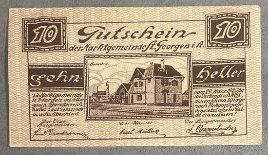 Нотгельд Австрия Санкт-Георген-им-Аттергау 10 геллеров 1920 год
