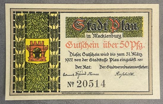 Нотгельд 50 пфеннигов 1922 год. Плау. Веймарская республика.