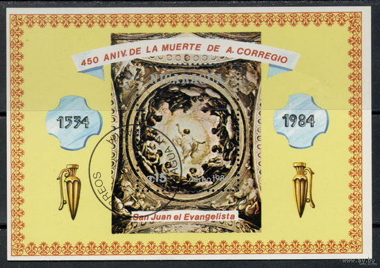 Никарагуа /1984/ Религия / Живопись / Святой Иоанн Богослов / 450 лет со дня смерти Кореджио / Сувенирный Лист / Блок
