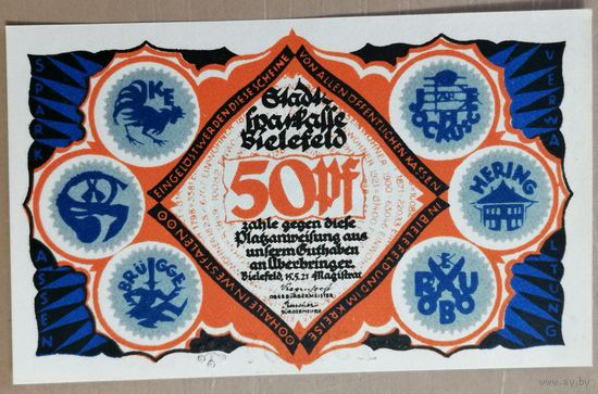 Германия 50 пфеннигов 1921 г Билефельд (Bielefeld) 103.4, Вар. 6. Литера R, UNC
