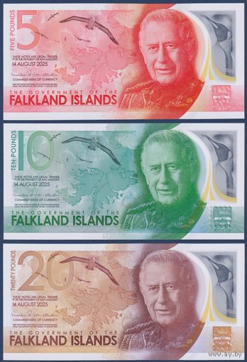 Фолклендские острова (Фолкленды), комплект 5 10 20 фунтов 2025 г. (A, король Карл III, одинаковые 2 цифры на конце номеров), UNC