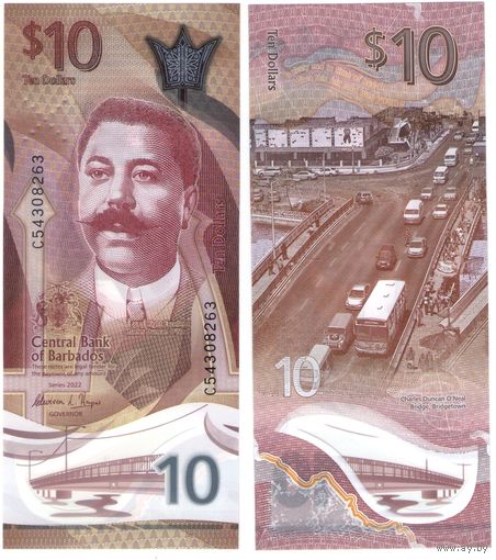 Барбадос 10 долларов 2022 год UNC (полимер)