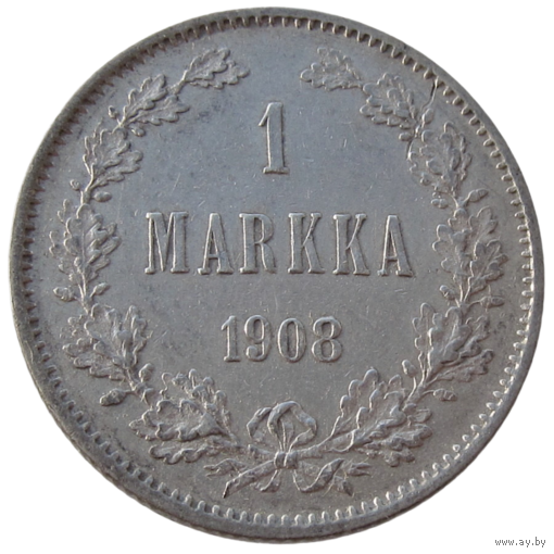 Россия для Финляндии, 1 марка 1908 года (L) - м.д. Гельсингфорс, сост. XF, серебро 868/ 5,18 г, Биткин #400 (R)
