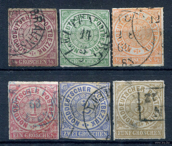 Северогерманский союз - 1868г. - Цифры, 1/4 Gr-5 Gr - 6 марок - полная серия, гашёные, 1 марка с маленьким тонким местом сверху [Mi 1-6]. #1-Wu-8-A-1