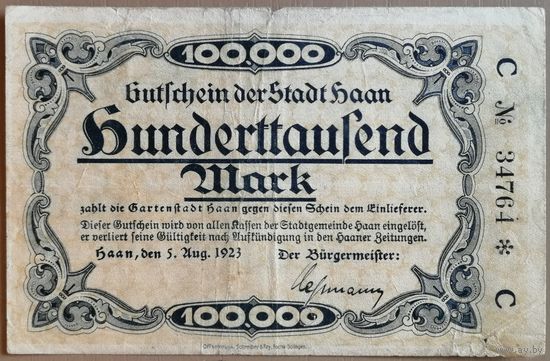 Германия 100000 марок 1923 г Хаан (Haan), 2031а, В7, серия "С" не частая