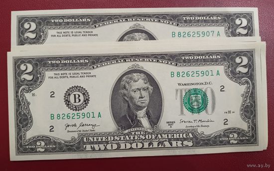 2 доллара США 2017А, 7 штук, номера подряд, UNC
