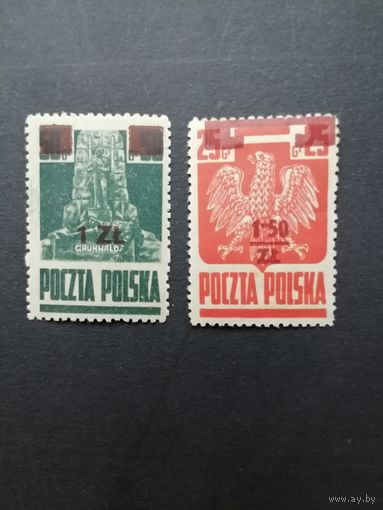 Польша 1945 Две марки Mi.383-384 1944 года выпуска с надпечатками нового номинала из серии "Национальные символы" (чистые* есть след от наклейки) Mi.408-409 каталог 1.40 евро