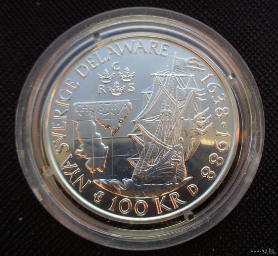 100 крон 1988 Швеция! Серебро 16 грамма 925 пробы 0,476 унции! 350 лет Шведской колонии в Делавере! ВОЗМОЖЕН ОБМЕН!