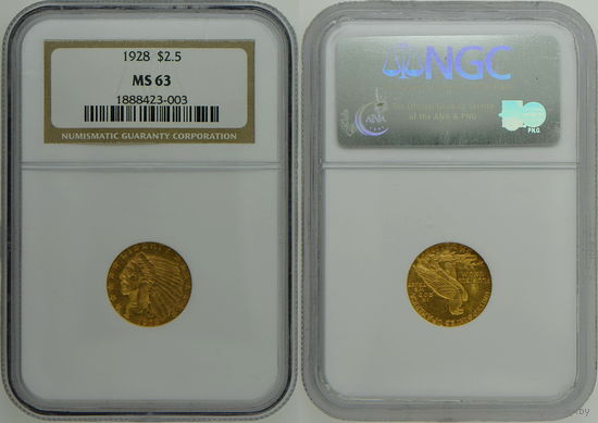 2,5 доллара 1928 г. Голова индейца. США. NGC MS 63!! Золото. КМ# 128