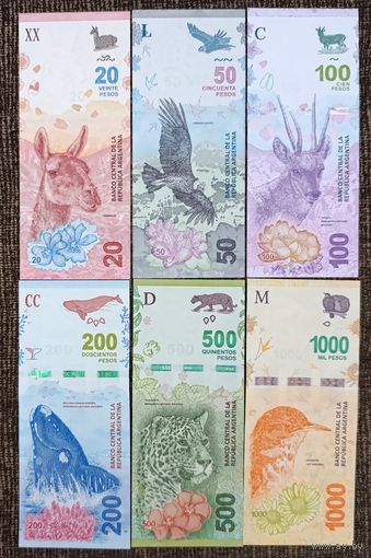 Полный набор банкнот Аргентины 2017-19 - 20,50,100,200,500,1000 песо - UNC
