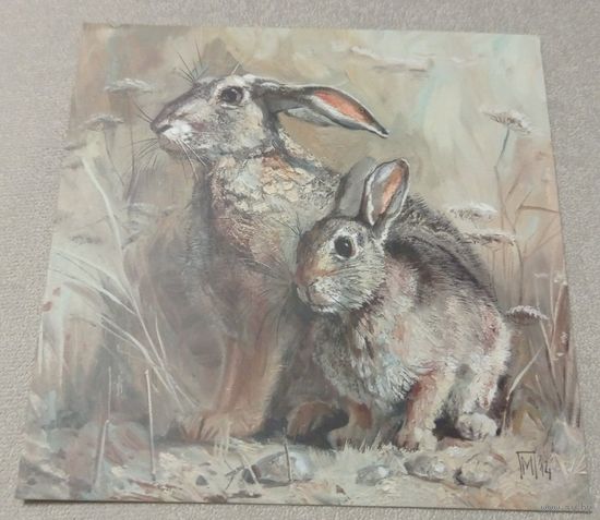 Посткроссинг. Открытка "Ушастая парочка", худ.Мария Павлова (13,5х13,5). Прошла почту. Художественные марки, чёткий штемпель.