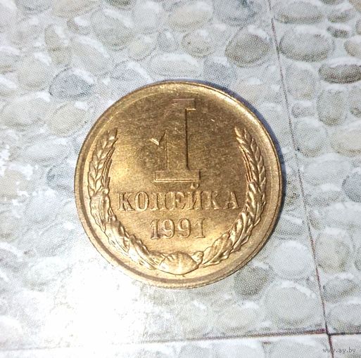 1 копейка 1991(Л) года СССР. UNC! Красивая золотистая патина!