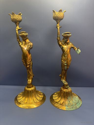 Пара подсвечников с туловом в форме русалки, латунь?, Индия, 1970-2000 гг.