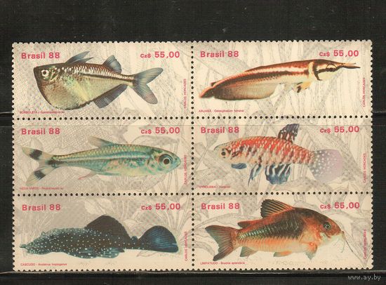 Бразилия-1988(Мих.2276-2281) , **  , Морская  Фауна, Рыбы (полная серия)