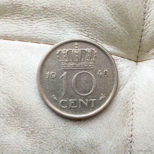 10 центов 1948 года Нидерланды. Королева Вильгельмина.