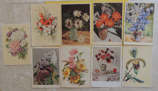 Открытки "Цветы", СССР, 1950-1960-е гг., 9 шт.