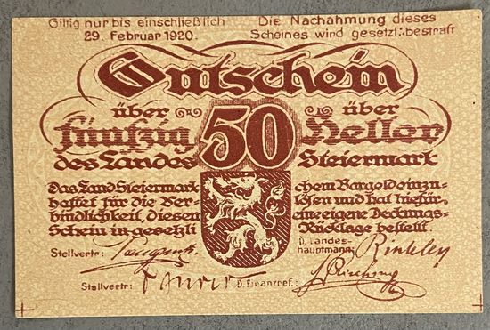 Нотгельд Австрия Штирия , 50 геллеров 1920 год