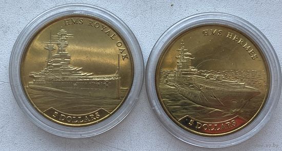 Науру 5 долларов 2016 г. Боевые корабли Великобритании HMS Hermes и HMS Royal Oak. Цена за пару