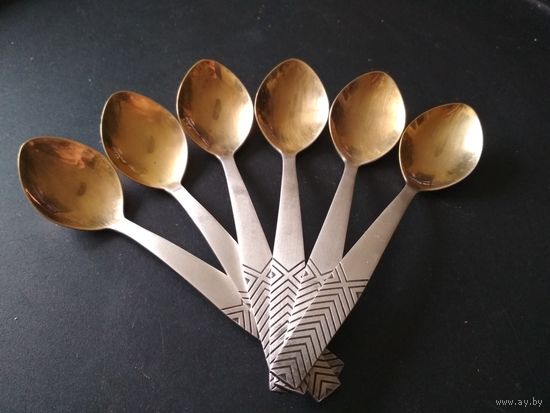 Ложки чайные Таллин СССР, мельхиор, золочение ковшиков, стиль Art-Deco, 6 шт.