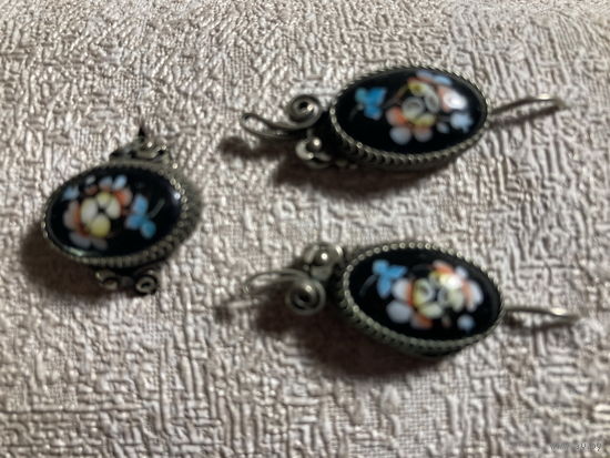 Кольцо + Серьги Черная финифть СССР р-р 17,5