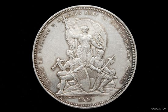 5 франков 1881 г. Швейцария, Нума Дроз. "Стрелковый фестиваль во Фрибуре". Штемпельный блеск, кабинетная патина, редкая!
