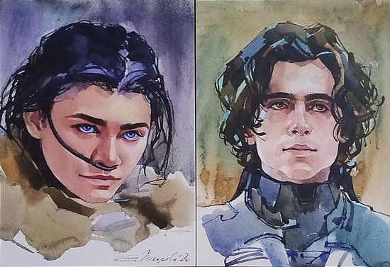 Открытки к к/ф "Дюна" Вильнева Пол (Шаламе) и Чани (Зендея) 2024 чистые