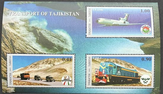 Таджикистан 2001 Транспорт. Автомобили. Авиация, Локомотив. блок