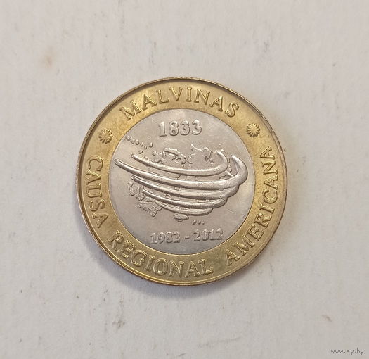 Аргентина 2 песо 2012 год биметалл 30 лет войне Аргентины против Великобритании за Мальвинские острова