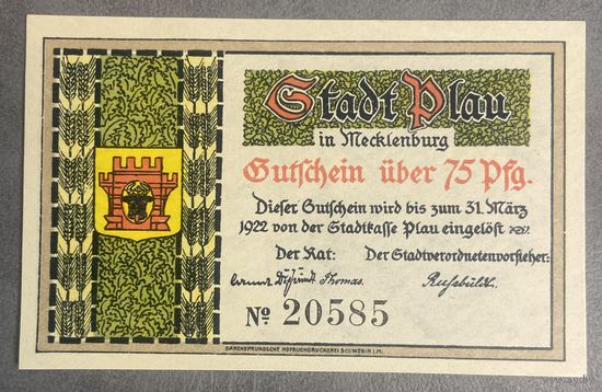 Нотгельд 75 пфеннигов 1922 год. Плау. Веймарская республика
