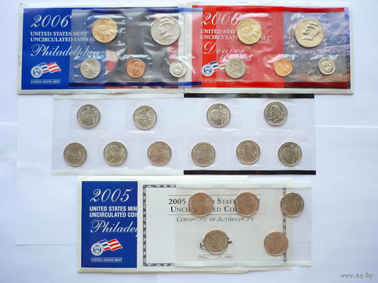 Памятные наборы монет США 2006г. и 2005г.(квотеры)! Сост.- UNC (в запайке). 2 Монетных двора.