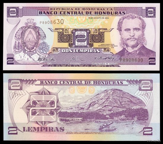 Гондурас 2 лемпиры образца 2004 года UNC p80Ae серия Q