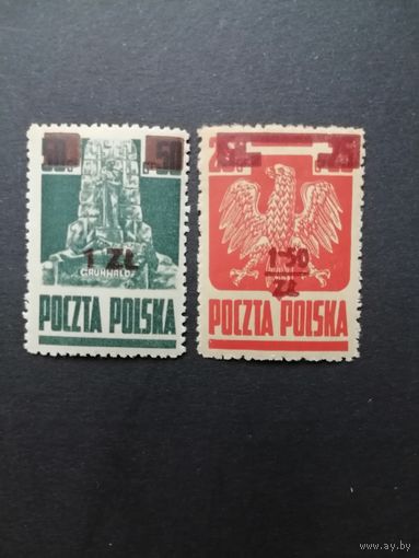 Польша 1945 Две марки Mi.383-384 1944 года выпуска с надпечатками нового номинала из серии "Национальные символы" (чистые* есть след от наклейки) Mi.408-409 каталог 1.40 евро