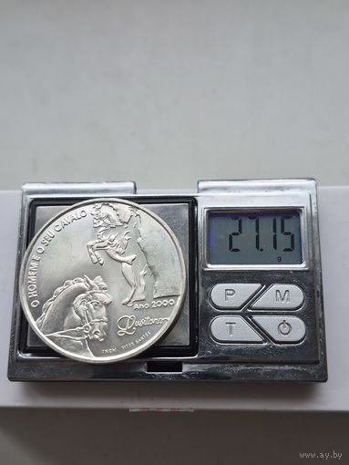 1000 эскудо 2000 года. Португалия, Португальская Республика (1986 - 2001). Иберо-Америка - Мужчина и его лошадь. Серебро 500. Монета не чищена. П45691.