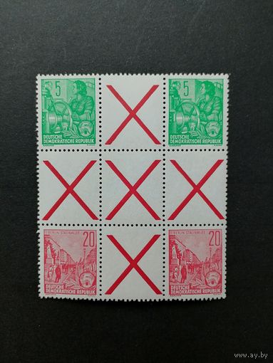 ГДР 1955 Сцепка квадратная в виде креста из марок стандарта "Пятилетка" (чистая**) Mi.406x+Z+406х+Z+Z+Z+455x+Z+455х