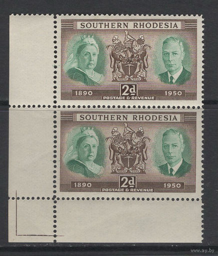 Южная Родезия 1950** Герб Британская династия монархов Королева Виктория и Король Георг VI сцепка Mi#72
