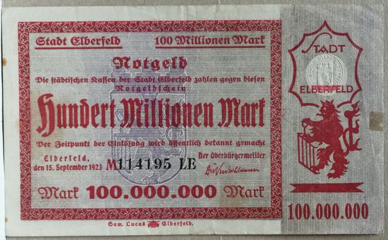 Германия 100000000 миллионов марок 1923 г Эльберфельд (Elberfeld) 1294n.8, В/З, тисненая печать, XF-, В/З