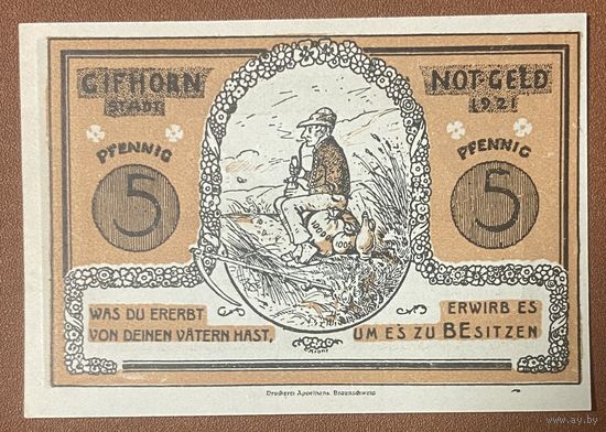 Нотгельд 5 пфеннигов 1921 год. Гифхорн. Веймарская республика