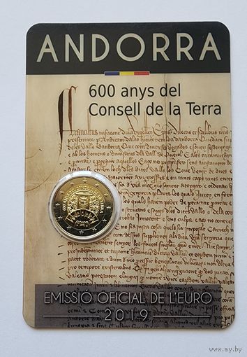 Андорра 2 евро 2019 600-летие Совета Земли. Блистер BU